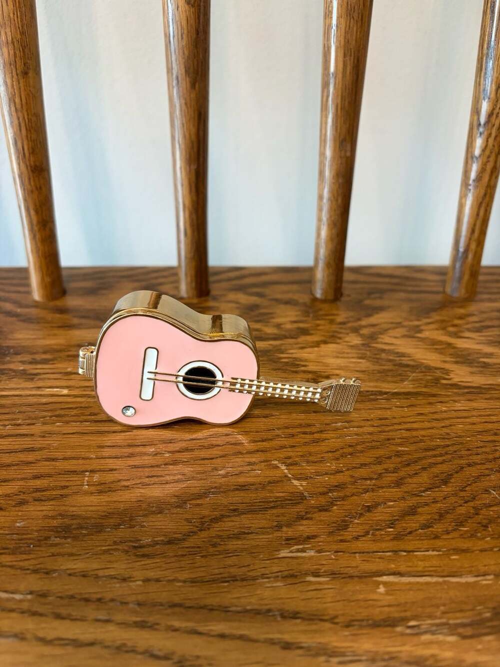 Enamel Pink Acoustic Guitar Hinged Trinket Box with Rhinestone